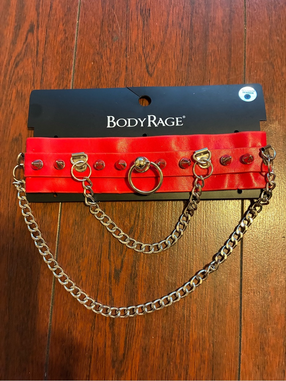 BodyRage Red Faux Leather Choker Necklace with Silver Chains